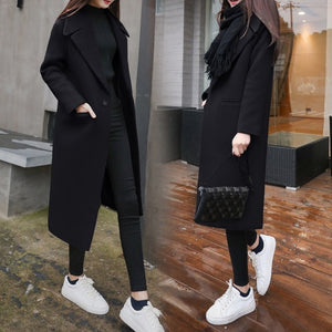 Autumn and Winter New Women's Korean Slim Was Thin Woolen Coat Pure Color Long-sleeved Temperament Long Section Casual Jacket