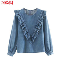 Load image into Gallery viewer, Tangada women vintage denim blouse 2019 autumn o neck ruffled long sleeve shirts female chic tops 4M29
