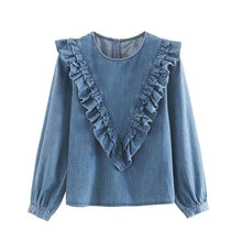 Load image into Gallery viewer, Tangada women vintage denim blouse 2019 autumn o neck ruffled long sleeve shirts female chic tops 4M29