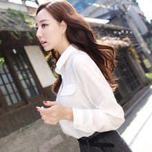 Load image into Gallery viewer, 2019 Fashion female elegant white blouses Chiffon collar casual shirt Ladies tops school blouse long-sleeve white chiffon shirt
