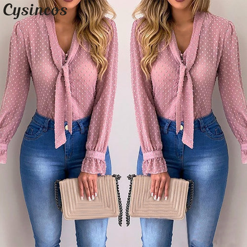 Cysincos Chiffon Blouses Women 2019 Autumn Fashion Long Sleeve V-neck Pink Shirt Office Blouse Slim Casual Tops Female Plus Size