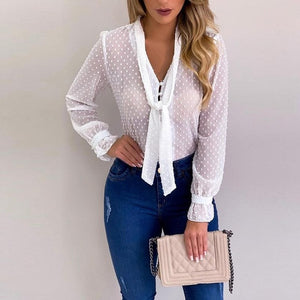 Cysincos Chiffon Blouses Women 2019 Autumn Fashion Long Sleeve V-neck Pink Shirt Office Blouse Slim Casual Tops Female Plus Size