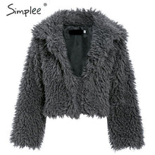 Load image into Gallery viewer, Simplee Casual long sleeve warm loose overcoats women 2019 Autumn winter female fake fur coat Ladies elegant solid lapel outwear