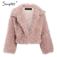 Load image into Gallery viewer, Simplee Casual long sleeve warm loose overcoats women 2019 Autumn winter female fake fur coat Ladies elegant solid lapel outwear