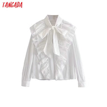 Load image into Gallery viewer, Tangada women ruffle white shirts cotton long sleeve solid bow tie neck elegant office ladies work wear blouses 3H323