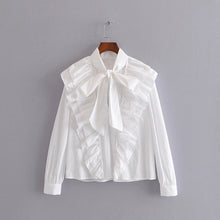 Load image into Gallery viewer, Tangada women ruffle white shirts cotton long sleeve solid bow tie neck elegant office ladies work wear blouses 3H323