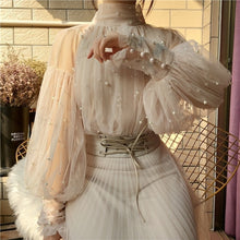 Load image into Gallery viewer, 2019 New Fashion autumn Women's Sweet Beads Bubble Sleeve Pearls Button Gauze Blouses Ladies Elegant Mesh Shirt Blusas Tops