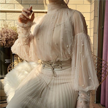 Load image into Gallery viewer, 2019 New Fashion autumn Women's Sweet Beads Bubble Sleeve Pearls Button Gauze Blouses Ladies Elegant Mesh Shirt Blusas Tops