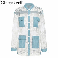 Load image into Gallery viewer, Glamaker Denim patchwork blouse shirt women Streetwear transparent autumn shirt top Sexy long sleeve lace white blouse ladies