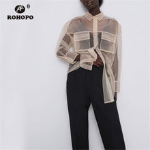 Load image into Gallery viewer, ROHOPO Women Mesh Straight Khaki Long Blouse Top Pockets Round Edge Transparent Chic Solid Top tulle Shirt #UK9493