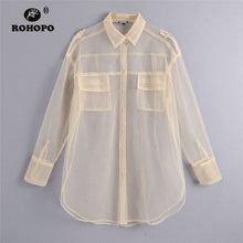 Load image into Gallery viewer, ROHOPO Women Mesh Straight Khaki Long Blouse Top Pockets Round Edge Transparent Chic Solid Top tulle Shirt #UK9493
