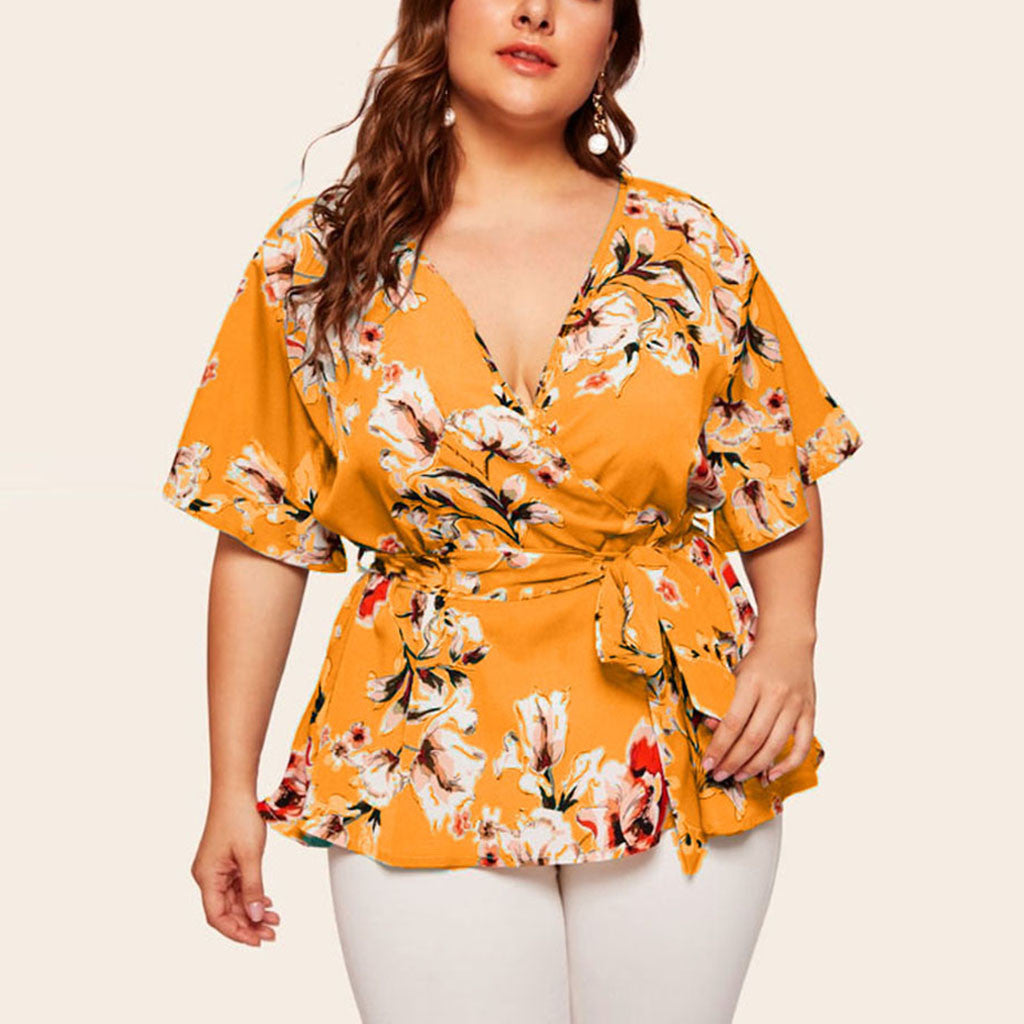 blouse women plus size womens tops and blouses shein haut femme Plus Size  Casual V-neck Short-Sleeved Printed Waist Belt Top Z4