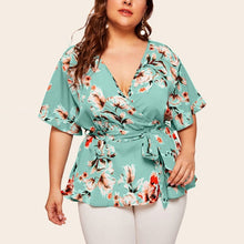 Load image into Gallery viewer, blouse women plus size womens tops and blouses shein haut femme Plus Size Casual V-neck Short-Sleeved Printed Waist Belt Top Z4