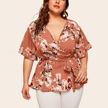 Load image into Gallery viewer, blouse women plus size womens tops and blouses shein haut femme Plus Size Casual V-neck Short-Sleeved Printed Waist Belt Top Z4