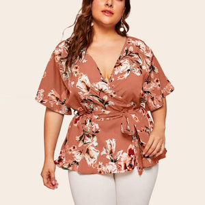 blouse women plus size womens tops and blouses shein haut femme Plus Size Casual V-neck Short-Sleeved Printed Waist Belt Top Z4