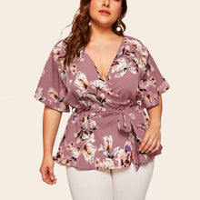 Load image into Gallery viewer, blouse women plus size womens tops and blouses shein haut femme Plus Size Casual V-neck Short-Sleeved Printed Waist Belt Top Z4