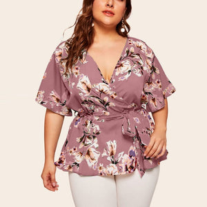 blouse women plus size womens tops and blouses shein haut femme Plus Size Casual V-neck Short-Sleeved Printed Waist Belt Top Z4