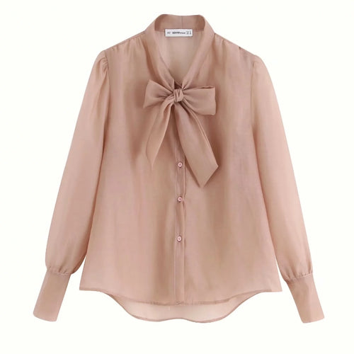 2019 women elegant bow tie decoration transparent casual organza smock blouse shirts women long sleeve leisure blusa tops LS4026