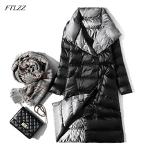 Load image into Gallery viewer, FTLZZ Ultra Light Down Jacket Women Winter Double Sided Slim White Duck Down Coat Single Breasted Turtleneck Warm Parkas