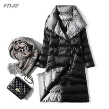 Load image into Gallery viewer, FTLZZ Ultra Light Down Jacket Women Winter Double Sided Slim White Duck Down Coat Single Breasted Turtleneck Warm Parkas