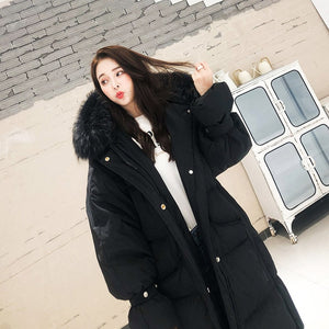 Fashion White Fur Collar Hooded Warm Coat Women X-long Jacket 2019 New Winter Loose Down Jacket Thick Coat Female Outerwear WM22