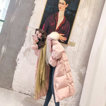 Load image into Gallery viewer, Fashion White Fur Collar Hooded Warm Coat Women X-long Jacket 2019 New Winter Loose Down Jacket Thick Coat Female Outerwear WM22