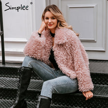 Load image into Gallery viewer, Simplee Casual long sleeve warm loose overcoats women 2019 Autumn winter female fake fur coat Ladies elegant solid lapel outwear
