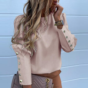 3XL Women Office Lady Back Metal Buttons Blouse Sexy O Neck Long Sleeve Elegant Shirt 2019 Autumn Solid Women Tops Drop Shipping