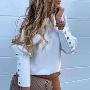 3XL Women Office Lady Back Metal Buttons Blouse Sexy O Neck Long Sleeve Elegant Shirt 2019 Autumn Solid Women Tops Drop Shipping