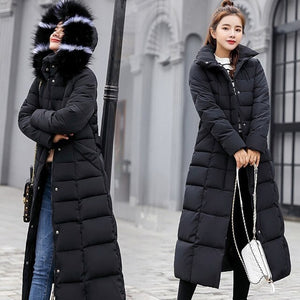 Fashion Winter Coat Women Jackets Thick Down Parkas Big Fur Belt Hooded Cotton Long Coats Warm Windbreaker Female Slim Outwear