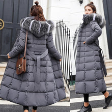 Load image into Gallery viewer, Fashion Winter Coat Women Jackets Thick Down Parkas Big Fur Belt Hooded Cotton Long Coats Warm Windbreaker Female Slim Outwear