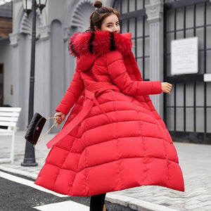 Fashion Winter Coat Women Jackets Thick Down Parkas Big Fur Belt Hooded Cotton Long Coats Warm Windbreaker Female Slim Outwear