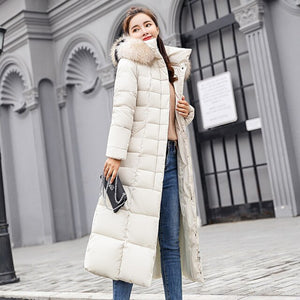 Fashion Winter Coat Women Jackets Thick Down Parkas Big Fur Belt Hooded Cotton Long Coats Warm Windbreaker Female Slim Outwear