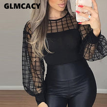 Load image into Gallery viewer, Women Sheer Grid Mesh Casual Blouse Shirt Women Long Sleeve Tops Blouse Black Plaid Slim Tops Summer Fall Lantern Sleeve Blusas