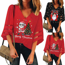 Load image into Gallery viewer, Blouse Women Shirt Women Tops блузка женская Christmas New Black Red V-Neck Mesh Top Trumpet Sleeves Loose Blouse Free Ship Z4