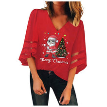 Load image into Gallery viewer, Blouse Women Shirt Women Tops блузка женская Christmas New Black Red V-Neck Mesh Top Trumpet Sleeves Loose Blouse Free Ship Z4