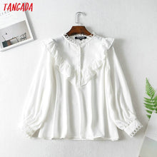 Load image into Gallery viewer, Tangada women ruffle white shirts long sleeve solid o-neck elegant office ladies work wear blouses FN114