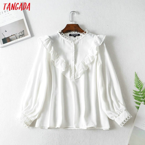 Tangada women ruffle white shirts long sleeve solid o-neck elegant office ladies work wear blouses FN114