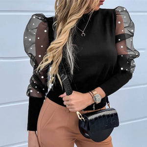 Lady Embroidery Lantern Sheer Mesh Sleeve Blouse shirts Women Autumn Polka Dot Print Blusa pullovers Elegant see through  tops