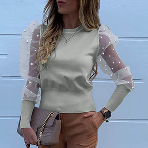 Lady Embroidery Lantern Sheer Mesh Sleeve Blouse shirts Women Autumn Polka Dot Print Blusa pullovers Elegant see through  tops