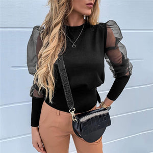 Lady Embroidery Lantern Sheer Mesh Sleeve Blouse shirts Women Autumn Polka Dot Print Blusa pullovers Elegant see through  tops