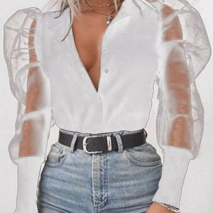 Lady Embroidery Lantern Sheer Mesh Sleeve Blouse shirts Women Autumn Polka Dot Print Blusa pullovers Elegant see through  tops