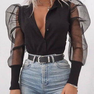 Lady Embroidery Lantern Sheer Mesh Sleeve Blouse shirts Women Autumn Polka Dot Print Blusa pullovers Elegant see through  tops