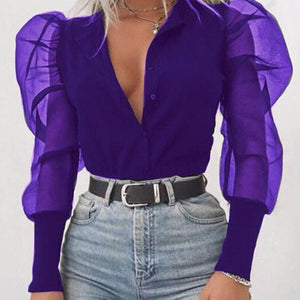 Lady Embroidery Lantern Sheer Mesh Sleeve Blouse shirts Women Autumn Polka Dot Print Blusa pullovers Elegant see through  tops