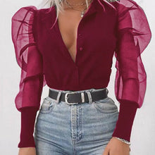 Load image into Gallery viewer, Lady Embroidery Lantern Sheer Mesh Sleeve Blouse shirts Women Autumn Polka Dot Print Blusa pullovers Elegant see through  tops