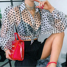 Load image into Gallery viewer, Lady Embroidery Lantern Sheer Mesh Sleeve Blouse shirts Women Autumn Polka Dot Print Blusa pullovers Elegant see through  tops