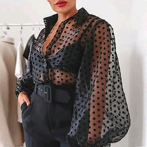 Lady Embroidery Lantern Sheer Mesh Sleeve Blouse shirts Women Autumn Polka Dot Print Blusa pullovers Elegant see through  tops