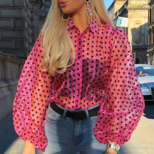 Load image into Gallery viewer, Lady Embroidery Lantern Sheer Mesh Sleeve Blouse shirts Women Autumn Polka Dot Print Blusa pullovers Elegant see through  tops