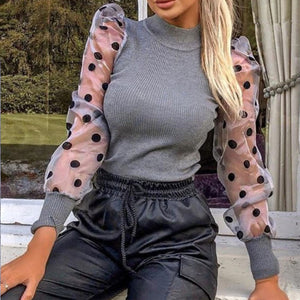 Lady Embroidery Lantern Sheer Mesh Sleeve Blouse shirts Women Autumn Polka Dot Print Blusa pullovers Elegant see through  tops