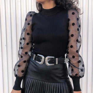 Lady Embroidery Lantern Sheer Mesh Sleeve Blouse shirts Women Autumn Polka Dot Print Blusa pullovers Elegant see through  tops